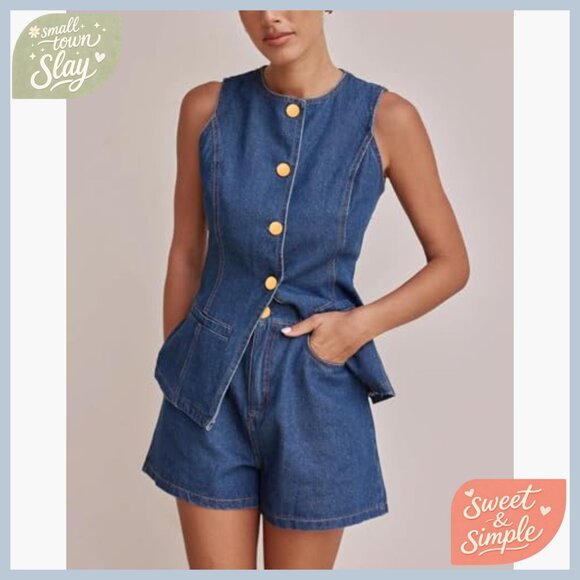 Slim Fit Denim Vest with Pockets, Crew Neck, Button Closure, Large - Picture 6 of 7